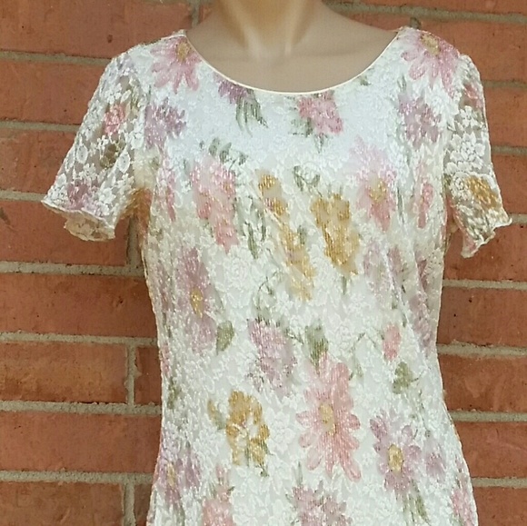 Dress Barn off-white Pink Gold lavender green lace overlay 90s style dress - Picture 5 of 6